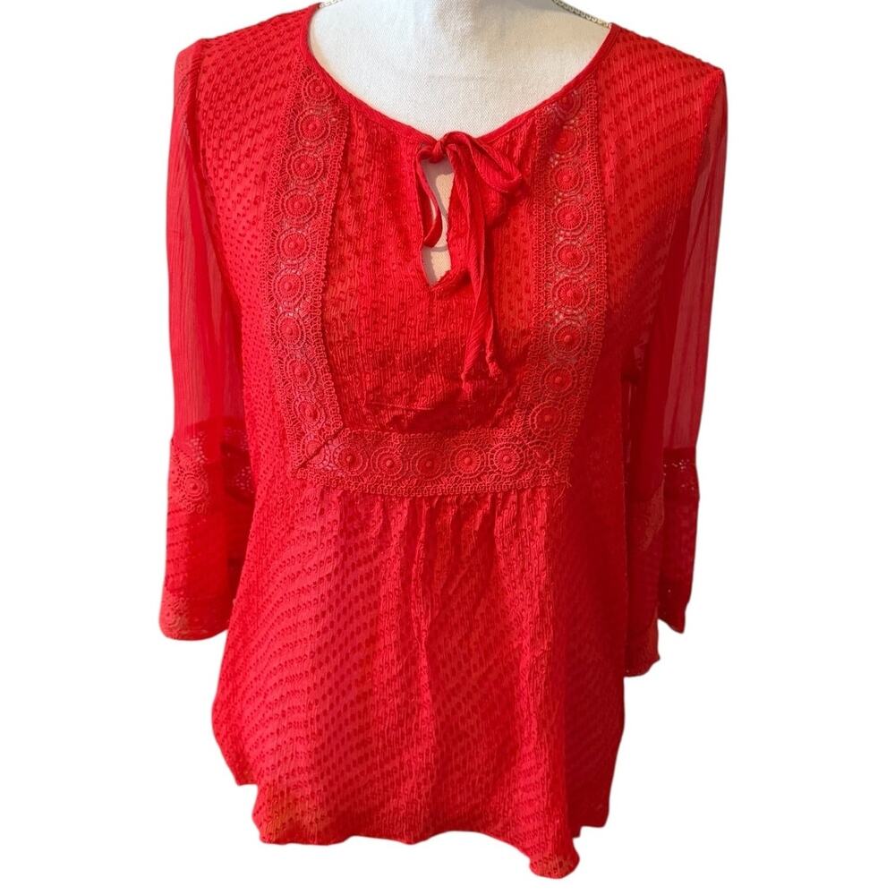 Ella Moss Silk Chiffon Bohemian Flare Sleeve Top Chili Red S